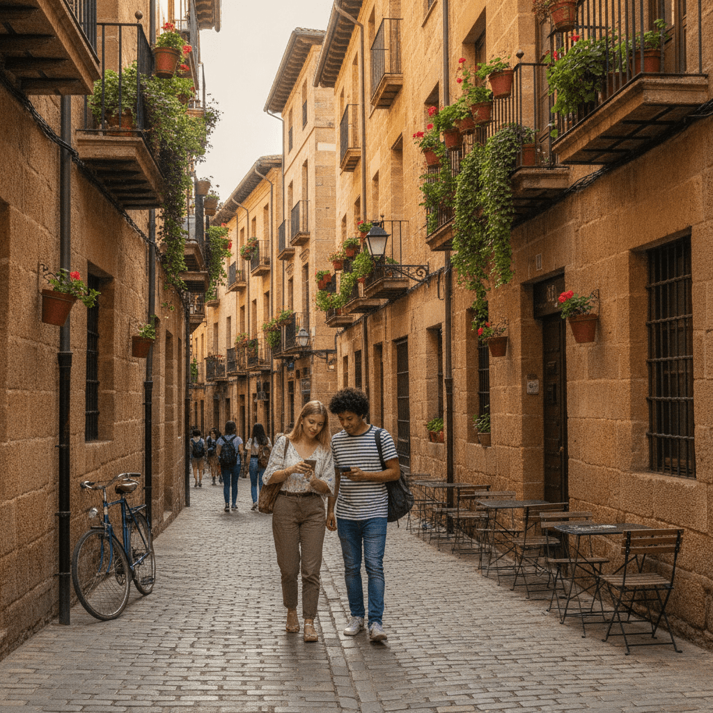 Studentesse internazionali che cercano casa in un quartiere universitario di Salamanca, strade storiche con architettura in pietra dorata